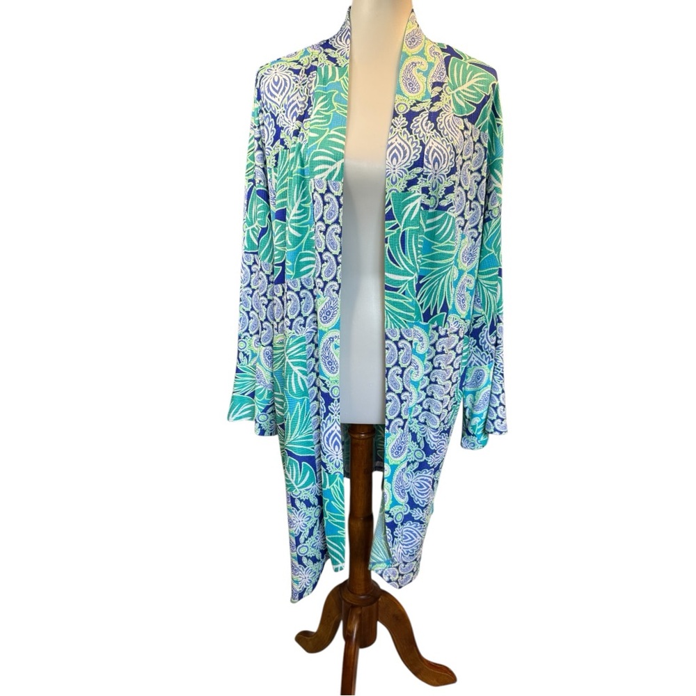 Ruby Rd. Open-Front Printed Cardigan in Teal & Blue - Picture 5 of 7